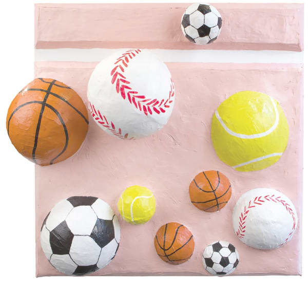 Gina Beavers Big baseball with zip, 2017 Acrylic and paper on canvas on panel 30 x 30 x 9 7/8 inches