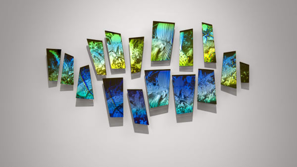 Interference, holograms, mirrored glass and aluminium, 2024, Sarah Meyohas Image: Courtesy of Sarah Meyohas and Marianne Boesky Gallery