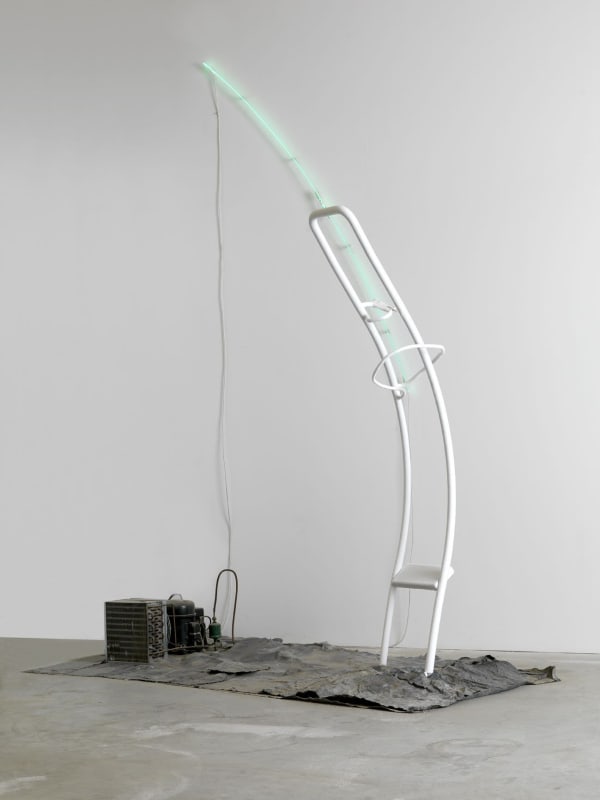 Pier Paolo Calzolari Scala (con piuma) Stairway (with feather), 1972 (detail) Frozen structure, blue neon tube, feather, refrigerator motor, lead sheet 111 3/8 x 89 3/4 x 61 inches 283 x 228 x 155 cm