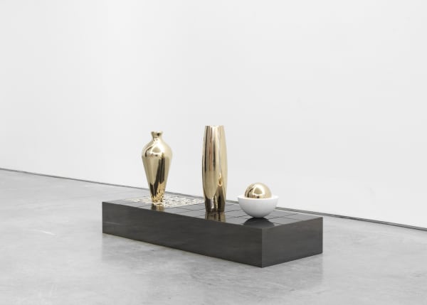 Claudia Wieser Untitled, 2017 Gold leaf on wood, ceramic, and mirror-polished stainless steel on MDF 7 1/8 x 48 1/2 x 18 1/8 inches 18.1 x 123.2 x 46 cm Plinth: 7 7/8 x 17 3/4 x 48 1/2 inches 20 x 45 x 123 cm Three sculptures, tallest: 18 inches 45.7 cm