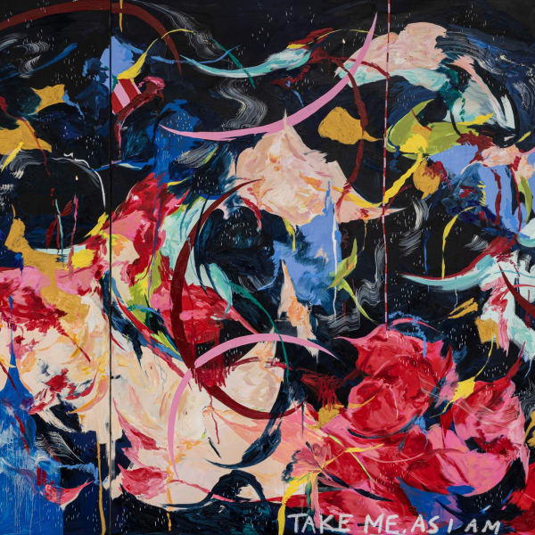 Michaela Yearwood-Dan If we carry on we will fall, 2024 Oil, gemstones, and newsprint paper on canvas 78 3/4 x 118 1/8 inches, 200 x 300 cm Each Canvas: 78 3/4 x 59 inches, 200 x 150 cm (MYD.20712)