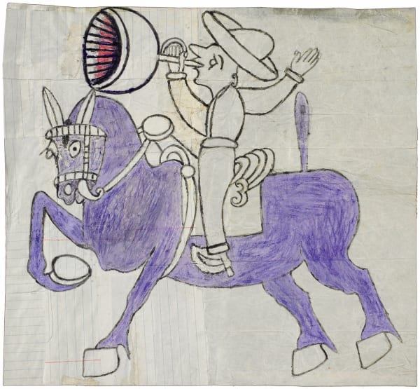 Untitled (Horse and Rider with Bugle), ca. 1960-63 Gouache, colored pencil and graphite on pieced paper 13 1/2 x 14 1/2 in. (34.3 x 36.8 cm.) (MR 122) SOLD