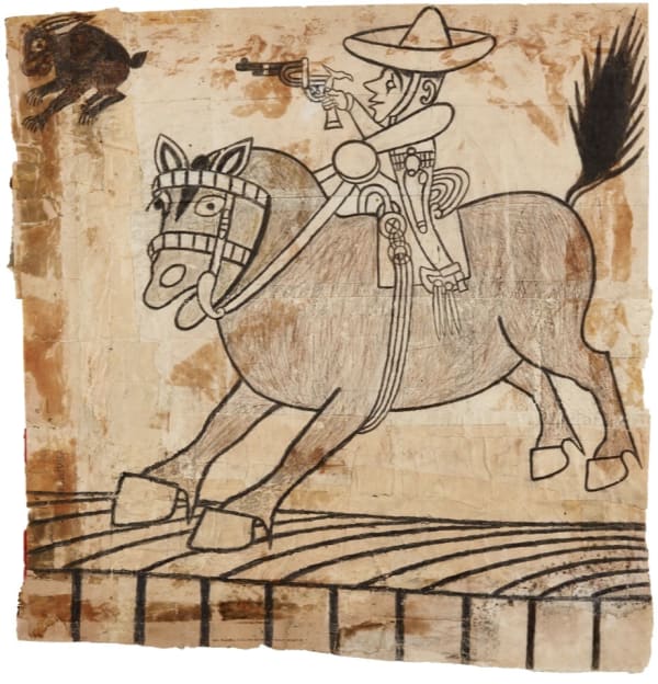 Untitled (Horse and Rider Hunting Rabbit), ca. 1960-63 Gouache and graphite on pieced paper 23.5 x 23 in. (59.7 x 58.4 cm.) (MR 052) SOLD