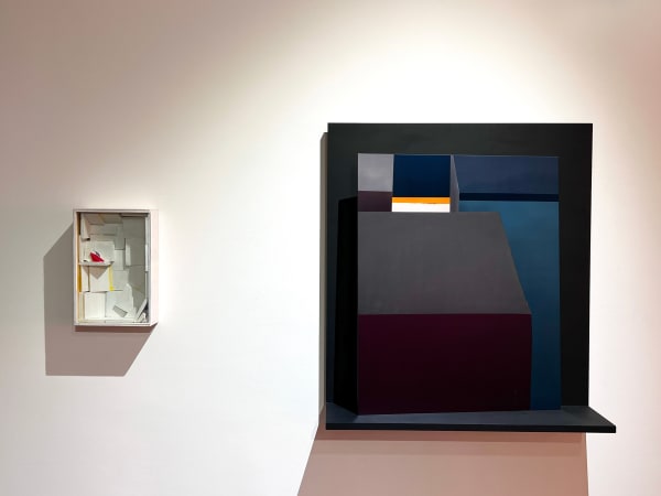 Left William Corwin Mirhab 2, 2010 Wood, plaster, glass, and acrylic 12 x 8 x 3 in. (30.5 x 20.3 x 7.6 cm.) Right Ethan Ryman Still Life #7, 2021 Dye sublimation print on aluminum and gesso on plywood 30 3/4 x 28 x 8 1/4 in. (78.1 x 71.1 x 21 cm.)