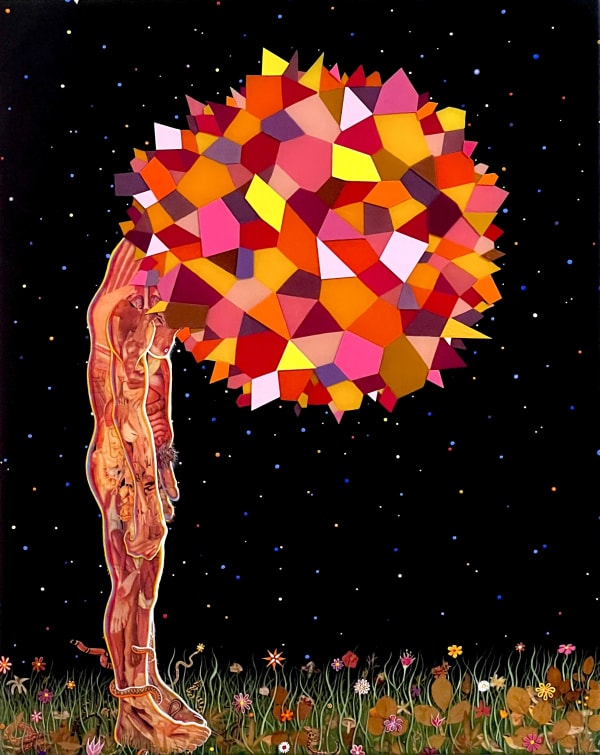 Fred Tomaselli Study for Head, 2013 Photo collage, leaves, acrylic, and resin on panel 30 x 24 in. (76.2 x 61 cm.)