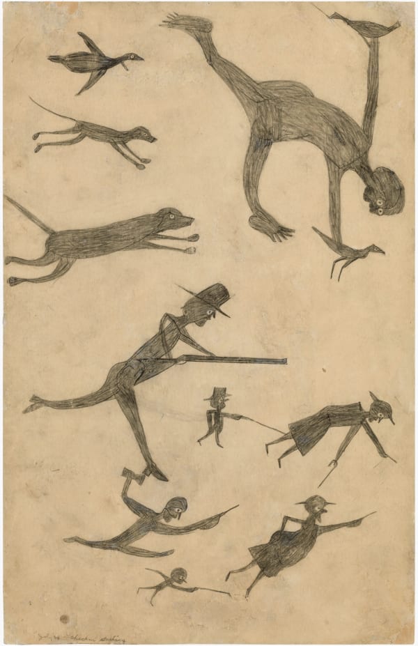 Bill Traylor Exciting Event (Chicken Stealing), ca. 1939 - 42 Graphite on cardboard 21 3/4 x 14 in. (55.2 x 35.6 cm.) (BT5-SvR) SOLD