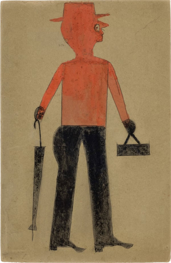 Bill Traylor Untitled (Man with Red Top and Umbrella), ca. 1939 - 42 Poster paint and graphite on found cardboard 13 3/4 x 8 in. (34.9 x 20.3 cm.) (BT6-SvR) SOLD