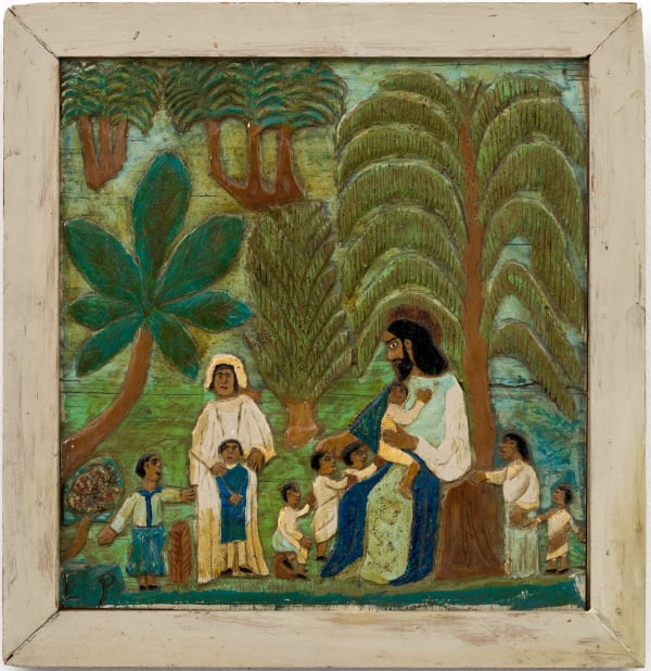 Elijah Pierce Suffer the Little Children,, ca. 1940 Painted bas relief woodcarving 19 x 18 in. (48.3 x 45.7 cm.) (EP4-SvR) SOLD