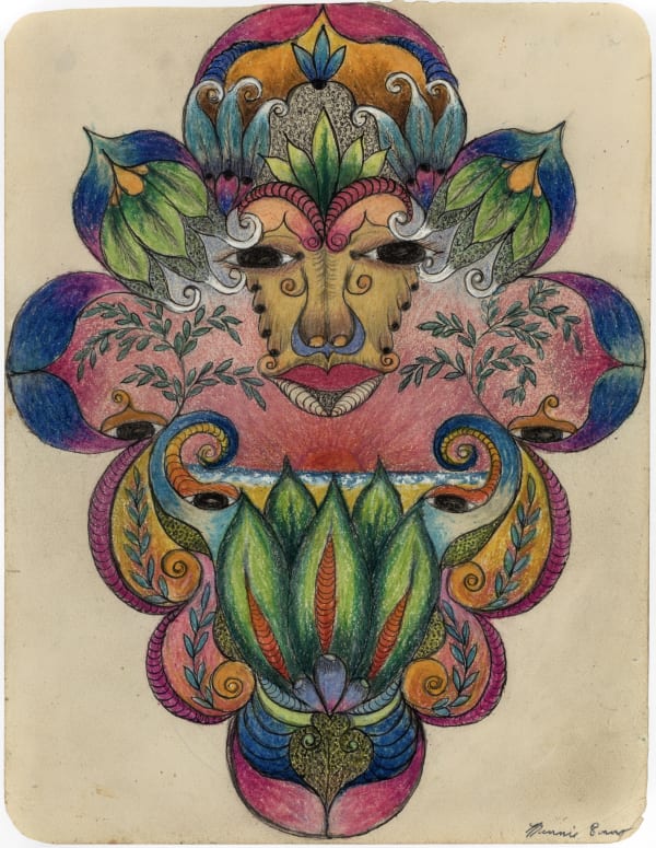 Minnie Evans Untitled, 1965 Ink, crayon, gouache, and collage on paper 12 x 9 in. (30.5 x 22.9 cm.) (ME7-SvR) SOLD