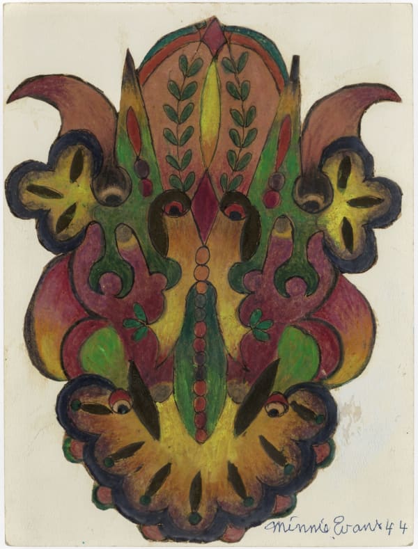 Minnie Evans Untitled, 1944 Crayon, oil paint, collage, and varnish on paper 12 x 9 in. (30.5 x 22.9 cm.) (ME9-SvR) SOLD