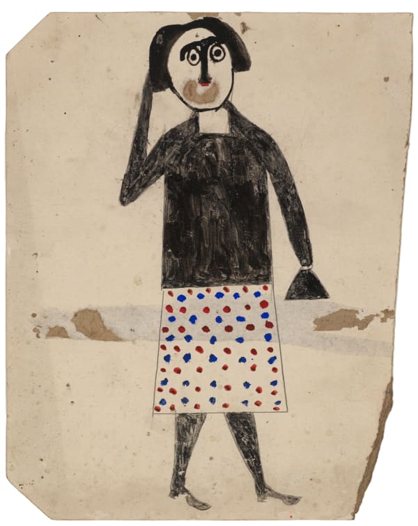 Untitled (Woman with Polka-Dot Skirt and Handbag), ca. 1939 - 42 Poster paint and graphite on found cardboard 13 1/2 × 10 3/4 in. (26.5 x 27.4 cm.) (BT 39)
