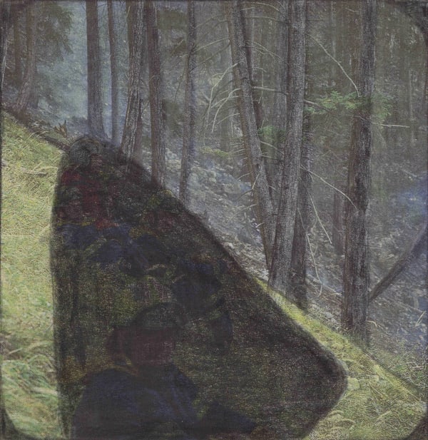 Untitled, 2021 Graphite and colored pencils on newsprint clip mounted on paper 4 3/4 x 4 5/8 in. (12 x 11.8 cm.) (LpS 399)