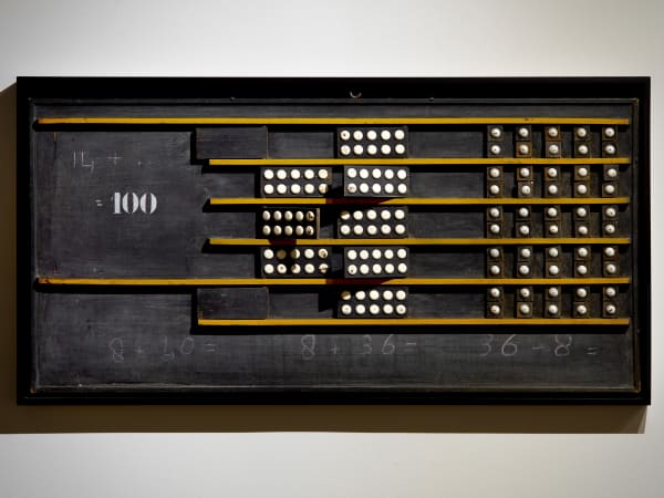 Mathematics Counting Board / Abacus, ca. 1920-30 Painted and carved wood (in contemporary float frame) 24 1/2 x 47 1/2 in. (62.2 x 120.7 cm.) (AU 240)