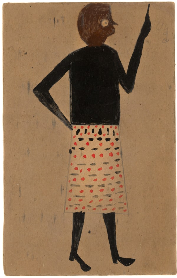 Untitled (Pointing Woman in Patterned Skirt), ca. 1939-42 Poster paint and graphite on found cardboard 10 1/4 x 6 3/4 in. (26 x 17.1 cm) (BT 64)