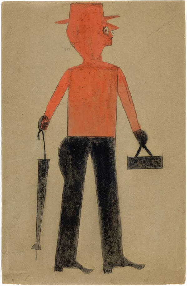 Untitled (Man with Red Top and Umbrella), ca. 1939-42 Poster paint and graphite on found cardboard 13 3/4 x 8 in. (34.9 x 20.3 cm) (BT9-SvR) SOLD