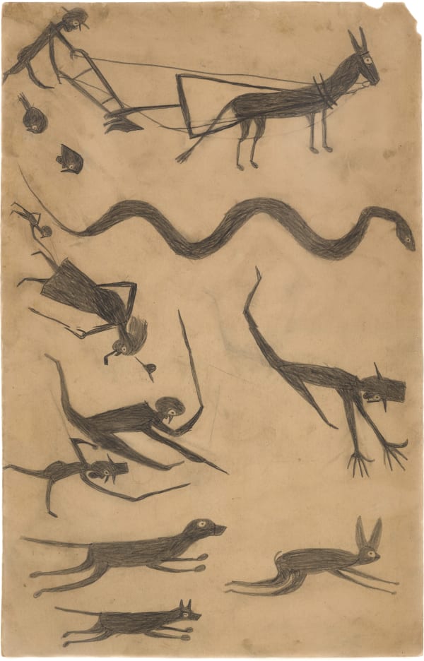 Exciting Event (Snake, Plow, Figures Chasing Rabbit), ca. 1939-42 Graphite on found cardboard 22 x 14 in. (55.9 x 35.6 cm) (BT 63) SOLD