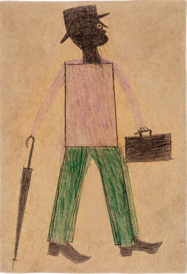 Untitled (Purple and Green Man with Umbrella), ca. 1939-42 Crayon and graphite on found cardboard (candy bar advertisement on verso) 11 1/2 x 8 in. (29.2 x 20.3 cm) (BT 47) SOLD