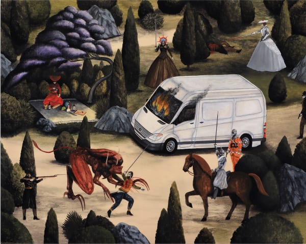 Sprinter Battle, 2023 Acrylic and gouache on panel 16 x 20 in. (40.6 x 50.8 cm) (Hyd 18) SOLD