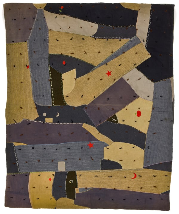 Southern Patchwork "Crazy" Variation Quilt (Possibly African American), ca. 1910 Pieced fabrics with applied stars, moon, and fruits 81 x 65 in. (205.7 x 165.1 cm) (ArU 341) SOLD