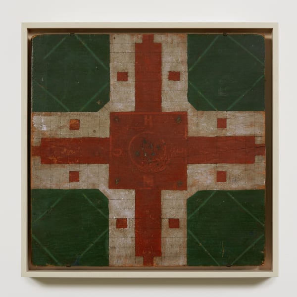 Parcheesi Game Board, 19th century Polychrome on wood panel 15 5/8 x 15 5/8 in (AU 316)