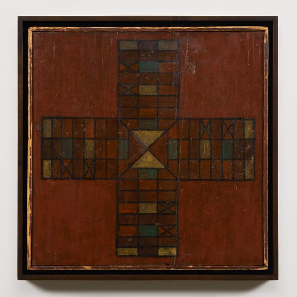 Parcheesi Game Board, late 19th century Polychrome on wood panel 18 x 18 in. (45.7 x 45.7 cm) (AU 354) SOLD