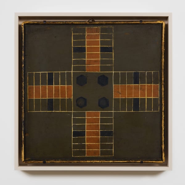 Parcheesi Game Board, late 19th century Polychrome on wood panel 14 1/4 x 14 1/2 in. )36.2 x 36.8 cm) (AU 357) SOLD