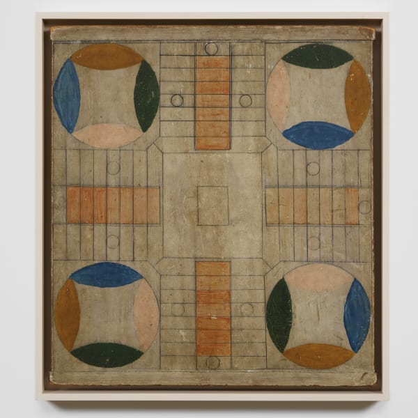 Parcheesi Game Board, ca. 1880 - 90 Polychrome on wood panel 20 x 18 1/4 in. (50.8 x 46.4 cm) (AU 361) SOLD