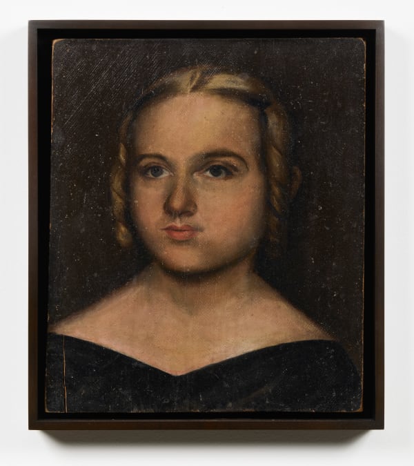 Portrait of a New England Young Lady, 1860-65 Oil on canvas mounted on wood 15 1/2 x 13 1/4 in. (39.4 x 33.7 cm) (ArU 529) $ 8,000 &bull;&bull;&bull; The sitter here is a girl on the threshold of adolescence&mdash;hair parted and drawn back in careful curls, shoulders bare above a plain dark dress, her face emerging from a field of near-black. The composition is stripped of props or setting, so everything concentrates in the oval of her features and that unwavering, slightly wondering gaze. The artist lingers on the soft planes around the eyes and mouth, giving her a delicacy that&rsquo;s less about prettiness than about watchfulness, as if she were trying to hold still long enough to be taken seriously. What might once have been a family likeness now reads as something more intimate: a quiet, frontal encounter with a young person caught between worlds, rendered with unshowy but palpable tenderness.