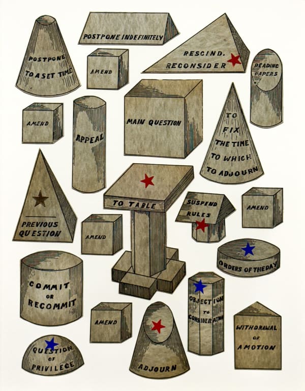 Longan & Longan Parliamentary Figures, ca. 1920s Cardboard and ink (framed as a group) 14 x 11 in. (35.6 x 27.9 cm) (ArU 516) $ 2,500 ••• “Longan’s Parliamentary Figures” appears to be a visual aid or learning device designed to teach the structure and sequence of parliamentary procedure—rules used to conduct meetings and make group decisions, typically based on “Robert’s Rules of Order,” the widely adopted 19th-century manual of parliamentary law by U.S. Army officer Henry Martyn Robert. These cardboard cutouts, found in their original envelope in perfect time-capsule form, represent various motions and procedural elements, helping to make abstract concepts easier to grasp by visualizing their relationships and hierarchy.