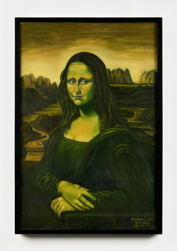 George W. Barnes Untitled (Green Mona Lisa), 1963 Oil on canvas 30 x 20 in. (76.2 x 50.8 cm) (GB2) SOLD ••• Barnes’s Mona Lisa takes one of the most reproduced faces in art history and pushes it into a different register. The artist reimagines da Vinci’s iconic sitter as an eerie emerald apparition—her expression still serene, but her skin and surroundings bathed in an otherworldly radioactive glow. The original structure is still unmistakable—the folded hands, the three-quarter pose, the winding road and distant crags—but the familiar has become preternatural, as if the image had passed through a chemical or cinematic filter and emerged altered yet strangely intact. The yellowed sky and shadowed landscape feel more like a fever dream than an Italian vista, as though the whole scene were lit from within by some uncanny interior light. Barnes signs and dates the canvas in the corner, quietly claiming ownership of this altered icon—a vernacular Mona Lisa who has wandered out of the museum and into a more psychological, hallucinatory space, bringing her enigmatic smile along for the ride.