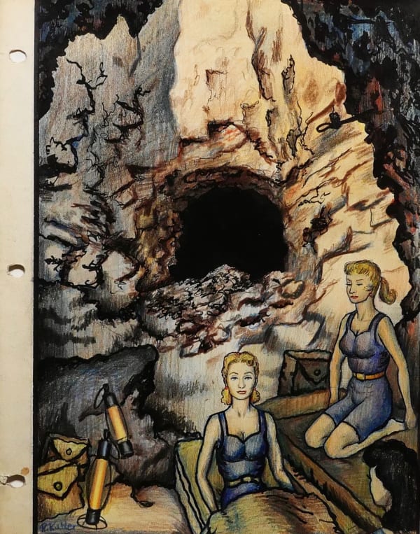 Arlene Dalherson & Lisa Smörgesholm camping in abandoned mine, 1960 Colored pencil on sketch paper 11 x 8 1/2 in. (RK 25)