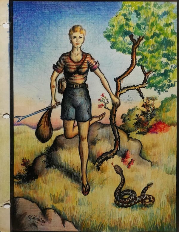 Snake hunting summer camp girl, 1959 Colored pencil on sketch paper 11 x 8 1/2 in. (RK 133)