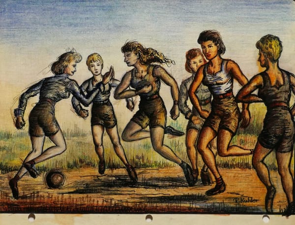Girls playing fütbol, 1959 Colored pencil on sketch paper 8 1/2 x 11 in. (RK 132)