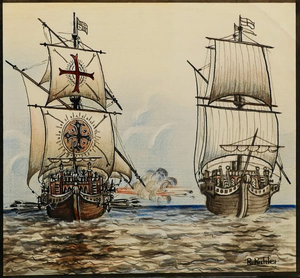 Spanish galley ship firing on the Albatross ca. 1950s Ink, colored pencil, and gouache on heavy sketch paper 6 3/4 x 7 1/4 in. (RK 134)