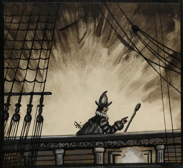 Explosion as seen from Spanish galley ship ca. 1950s Ink and gouache on heavy sketch paper 6 3/4 x 7 1/4 in. (RK 135)