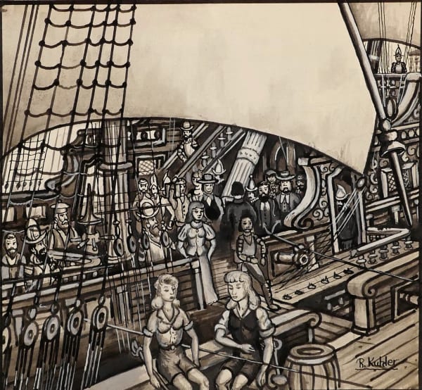 Production assistants on a break during filming ca. 1950s Ink and gouache on heavy sketch paper 6 3/4 x 7 1/4 in. (RK 100)