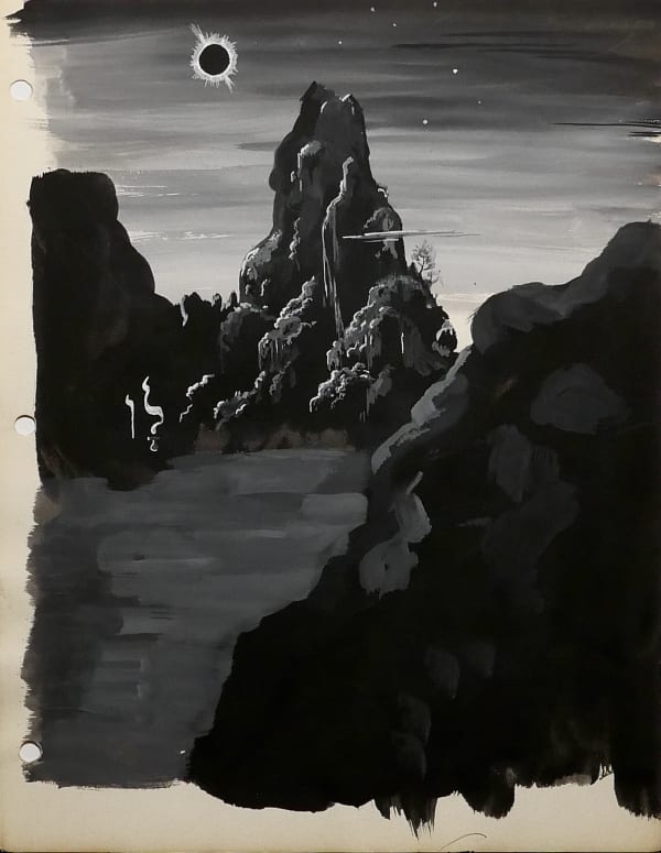 Solar eclipse over rocky peak (on moon) ca. 1970s Gouache on paper 11 x 8 1/2 in. (RK 142)