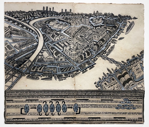 Cityscape of storage and industrial buildings surrounded by water with a y-shaped highway running through it. Colors are blue, grey and black.