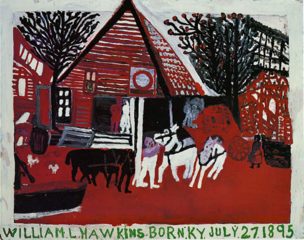 Red house with black trees on each side. Two white horses, two black cows and a person in the front of the house. A red and a white figure stand on the porch.