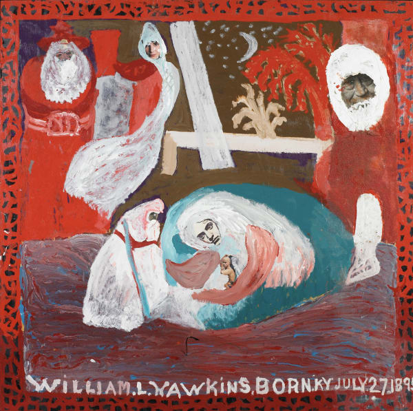Nativity scene with Mary, Joseph, Jesus and the Three Wise Men. Predominant color is red.