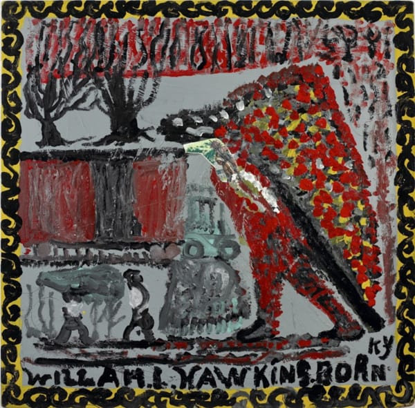 Large figure in foreground, to the right. Grey and red colors with a black and yellow border.