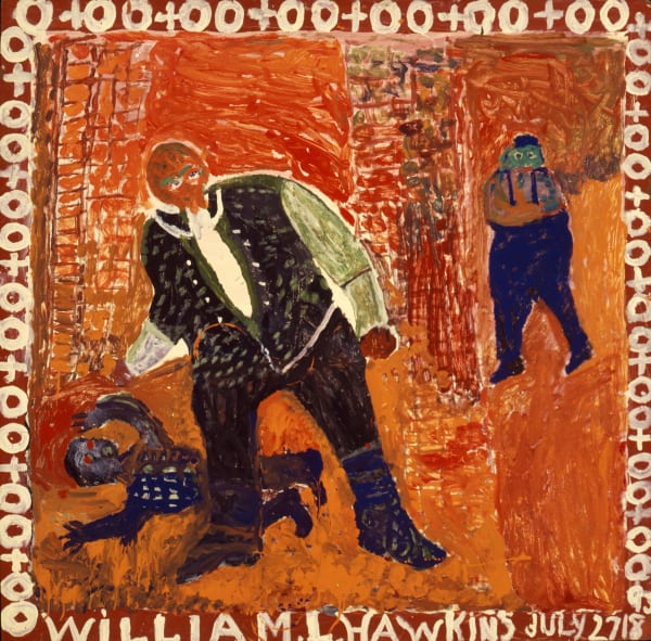 A large man standing over a smaller figure on the ground and another figure in the background. Background is mostly orange/rust with a creme border of o's and +'s.