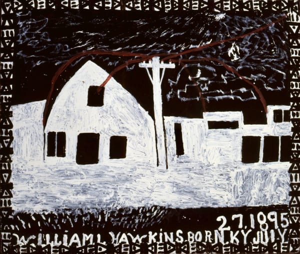 White buildings with a white telephone pole on a black background with a black and white patterned border.