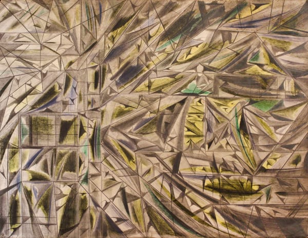 Abstract geometric drawing with predominant colors in shades of brown with green and yellow highlights