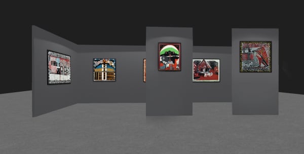 Paintings on a grey rendering of the ADAA Art Show booth walls.