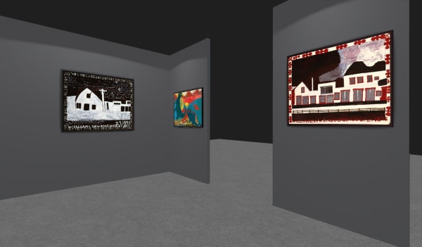 Paintings on a grey rendering of the ADAA Art Show booth walls.