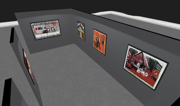 Paintings on a grey rendering of the ADAA Art Show booth walls.