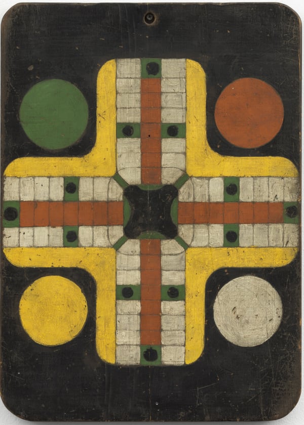 Parcheesi Game Board, c. 1920-30 Polychrome on wood 21 x 15 in. (AU 310)