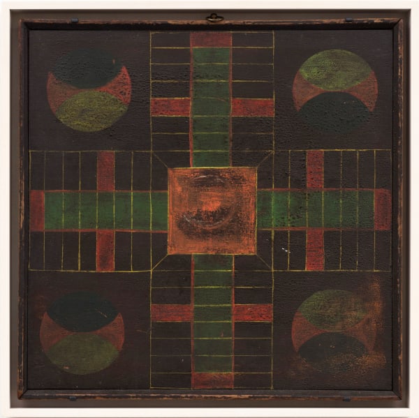 Parcheesi Game Board, early 20th century Wood with original polychrome 16 1/2 x 16 1/2 in. (AU 248) SOLD