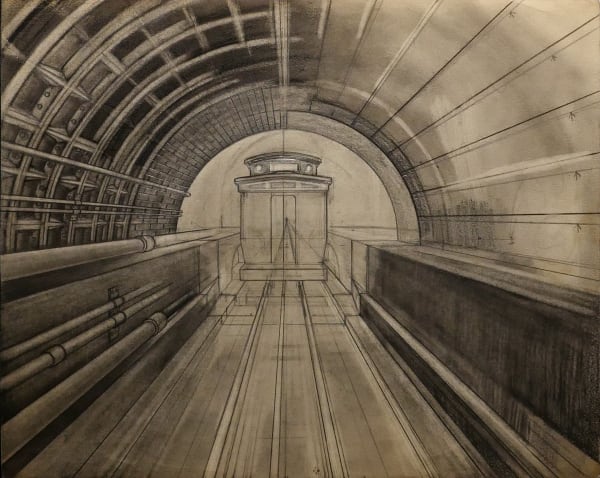 The Oriental tube cable car in tunnel ca. 1960s Graphite on sketch paper 11 x 14 in. (RK 45)